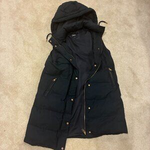 Zara Black Hooded Long Puffer Vest Size M